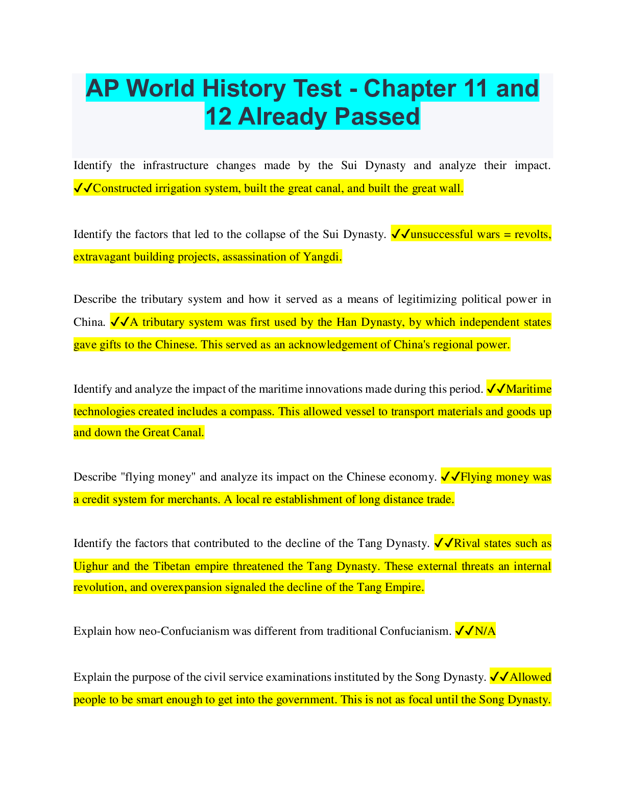 Recommended document preview for AP World History Test - Chapter 11 and 12 Already Passed